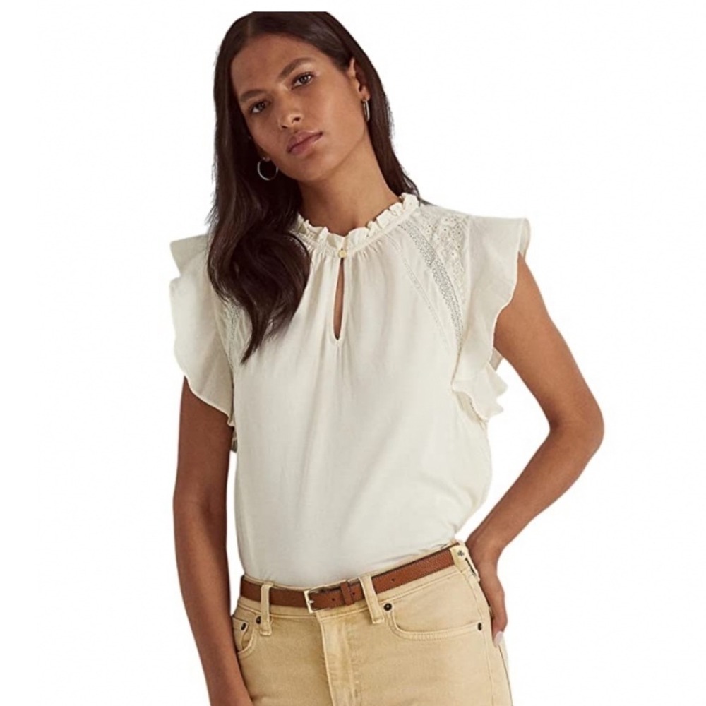 Lauren Ralph Lauren Cream Ruffle Neck Eyelet Flutter Sleeve Blouse Small